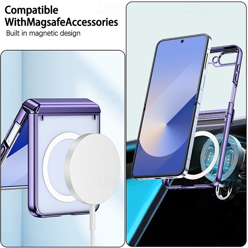 Phone Case For Samsung Galaxy Z Flip 7 Z Flip 6 Z Flip 5 Back Cover Magnetic Support Wireless Charging Shockproof Retro Plating PC 2025 - $22.99 –P5