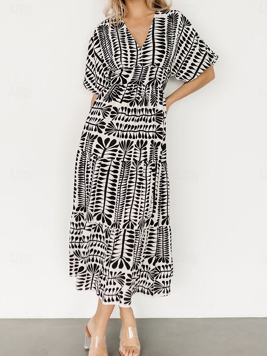 Női Midi ruha hétköznapi ruha Boho elegáns ruhák Boho ruha Csehország Szüret Stílusos Vakáció Hétköznapi Napi Normál Csík Rövid ujjú V-alakú Fekete Világoszöld Világoskék Nyár Tavasz 2025 - $36.99 –P1