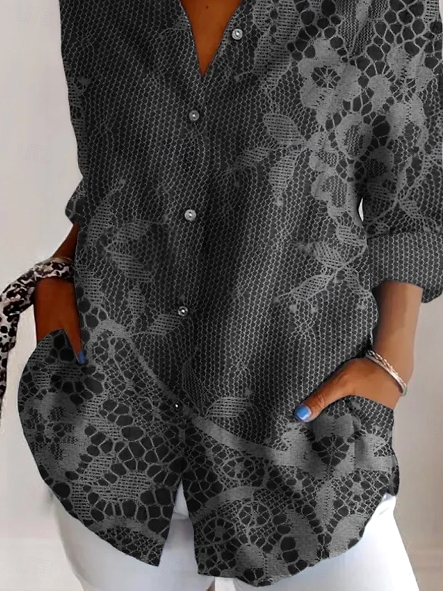 Camicia da donna in lino simile traspirante leggera camicia tunica con bottoni colletto a maniche lunghe stampa 3D floreale grafico quotidiana elegante retrò vintage top regolari quotidiani festa del 2026 a $37.99 –P3