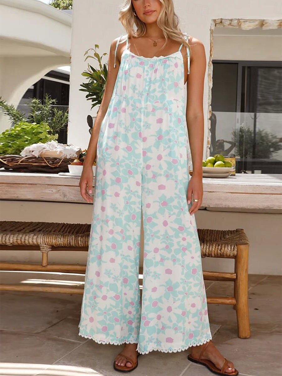 Dames Normaal Jumpsuit Actief Bloemig Mouwloos U-hals Hoge taille Vakantie Dagelijks Ruim Passend Licht Blauw Zomer 2025 - $39.99 –P1