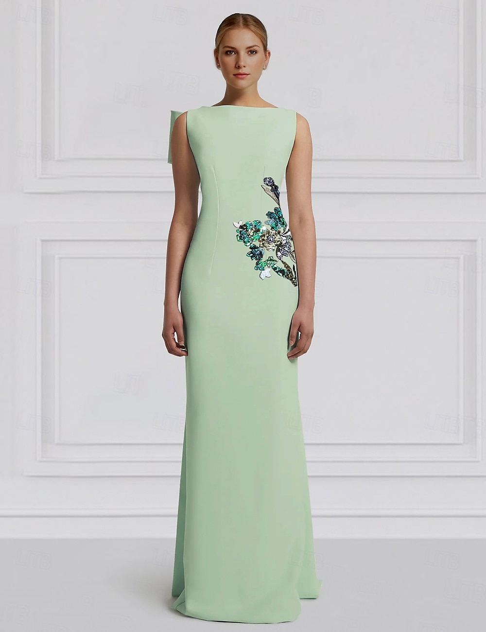 Robe de soirée colonne florale verte bleue robe élégante formelle brodée invité de mariage longueur sol sans manches col rond capes crêpe extensible avec paillettes 2025 de 2025 ? $177.99 –P1