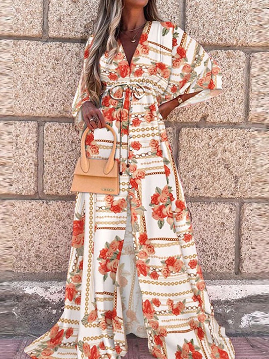 Dam Maxiklänning Wrapklänning Solklänning A linjeklänning Fit And Flare Klänning Semester Semester Dagligen Normal Blommig Långärmad V-hals Rodnande Rosa Orange Grön Mörkblå Sommar 2025 - $31.99 –P4