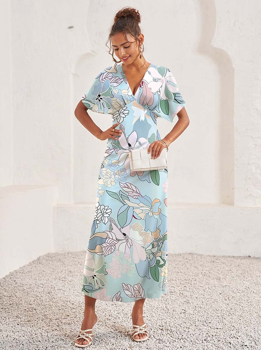 Pentru femei Rochii Midi Rochie A line Elegant Epocă Stilat Vacanță Invitat la nunta Logodnă Fit regulat Grafic Epocă Manșon scurt În V Albastru piscină Vară 2025 - $43.99 –P1