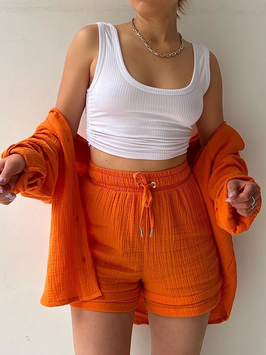 Women's Elegant Fashion Streetwear Shirt Blouse Baggy Shorts Long Sleeve Shirt Collar Solid Color Ruched Outdoor Work Casual Orange Green Khaki Summer Loose Fit 2025 - $35.99 –P9
