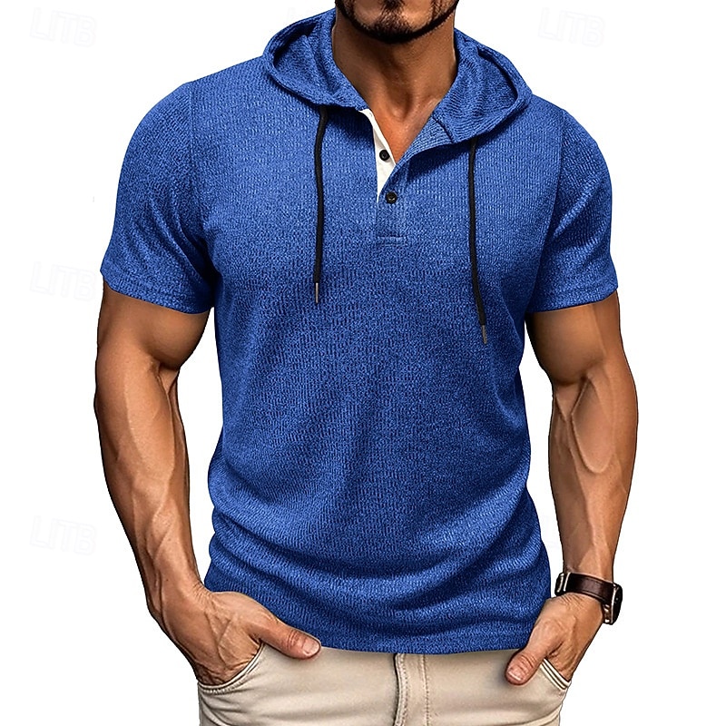 Herren T Shirt T-Shirt Kurzarmshirt Kurzarm Mit Kapuze Sommer Einfach Mode Designer Basic Knöpfe Urlaub Straße Ausgehen Wein Top T-Shirt für Herren 2026 - $30.99 –P1