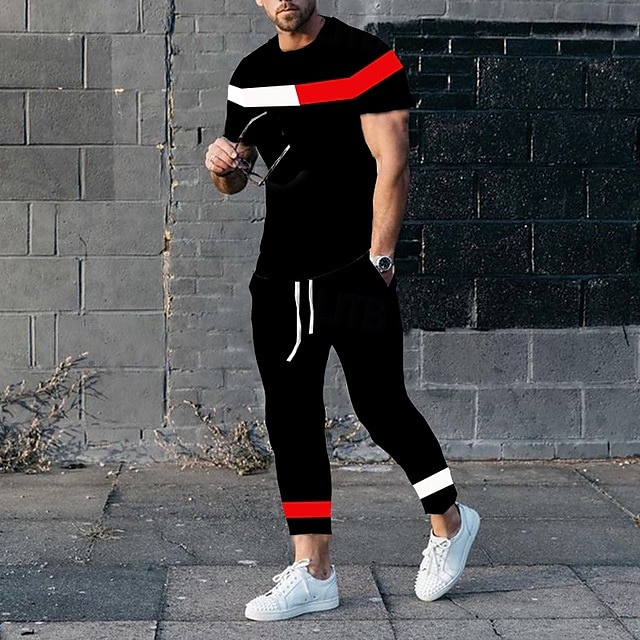 Voor heren T-shirt past Shirt- en broeksets 2 stuks outfits Korte mouw Ronde hals Zomer Kleurenblok Modieus Casual 2-stuks Vakantie Alledaagse kleding Uitgaan Zwart Wit Geel Top T-shirt voor mannen 2025 - $40.99 –P5