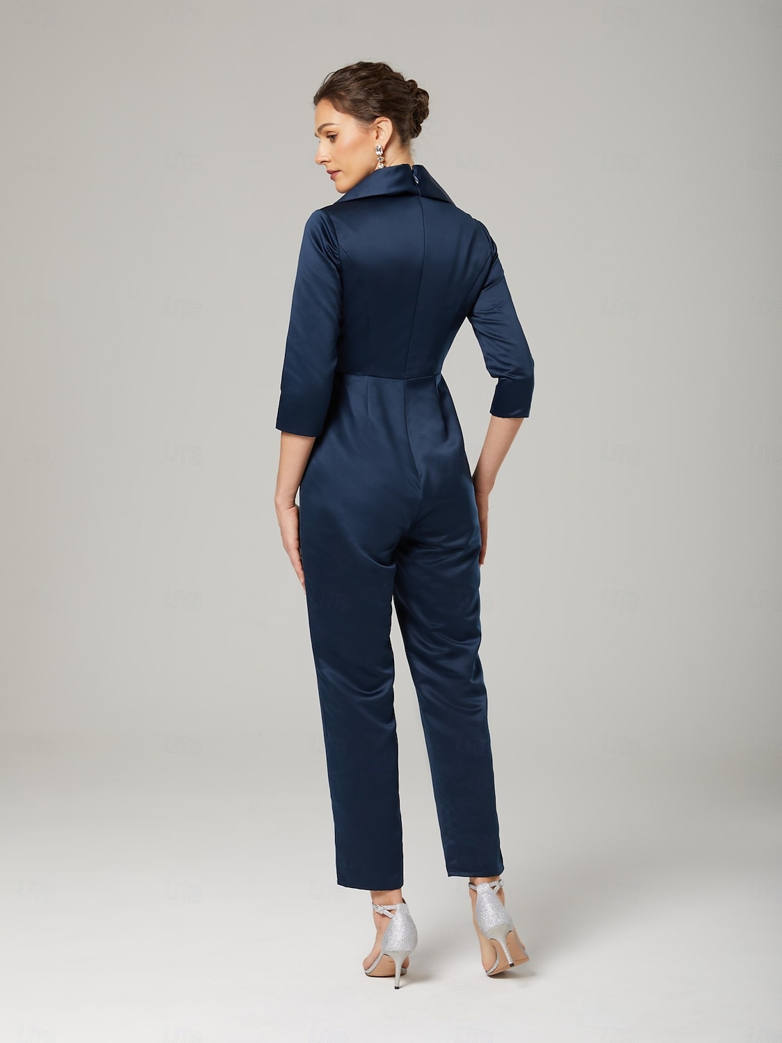 Jumpsuit / Pantsuit Mother of the Bride  Elegant Party Simple Shirt Collar Ankle Length Satin 3/4 Length Sleeve with Bow(s) 2025 - $164.99 –P6