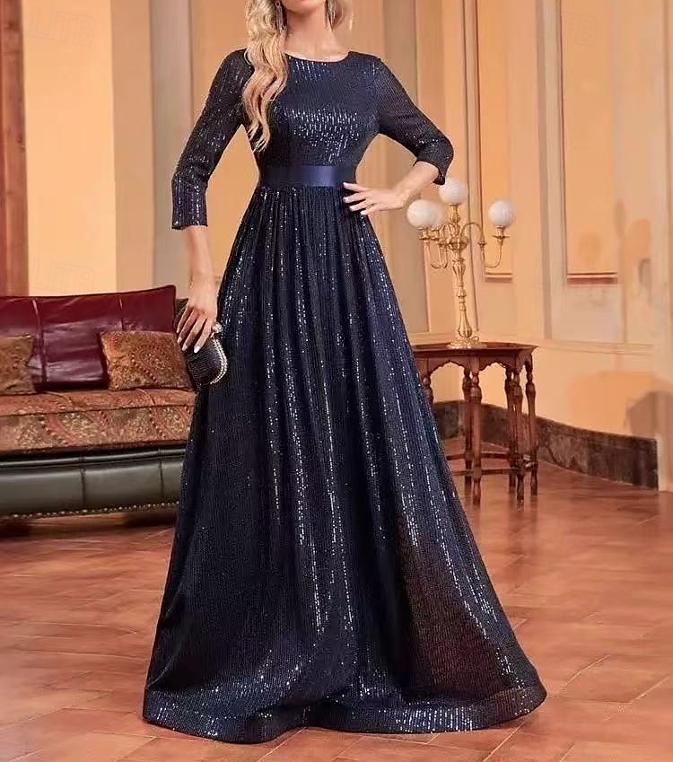 A-linje Bryllupsgjest Kjoler Festkjole Prom Black Tie Gala Gulvlengde 3/4 Lengde Erme Crew Utringning Belte  Bånd Spandex med Glitrende Frynser Paillett 2025 - zł768.99 –P3