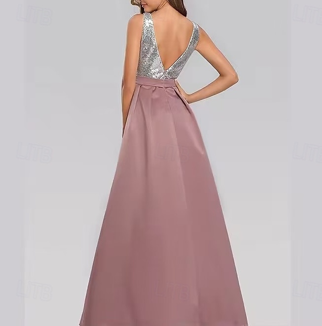 A-Line Evening Gown Party Dress Evening Party Black Tie Gala Floor Length Sleeveless V Neck Belt / Sash Cotton Backless V Back with Glitter Sequin 2025 2025 - $196.99 –P4