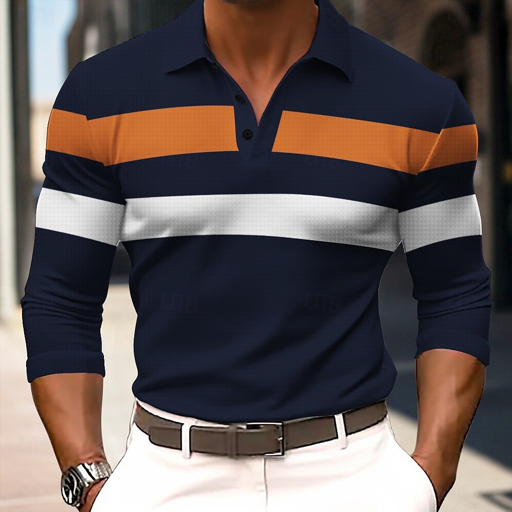 Herren Gestreift Rugby-Poloshirts Langarm Polo-Shirts Hemden mit Kragen Business-Casual Schule Athleisure Alltagskleidung 3D-Druck Frühling Herbst Winter Schwarz Armeegrün Dunkelblau 2025 - $23.99 –P1