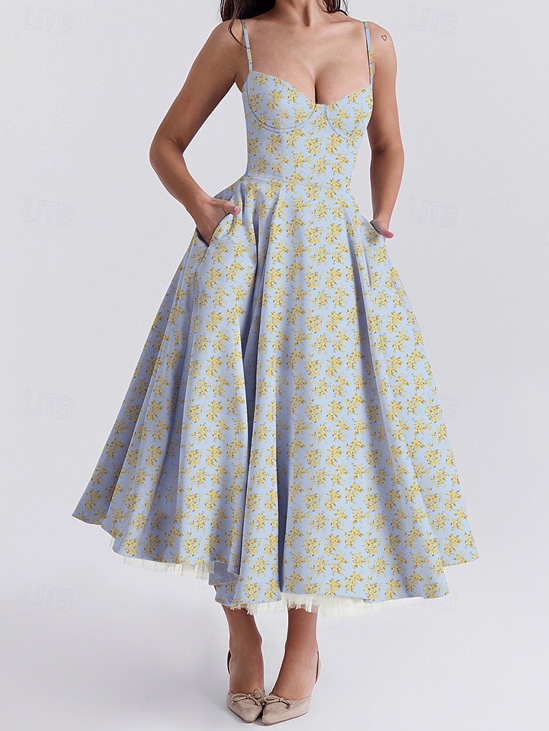 Retro Vintage 1950s Midi Dress Flare Dress Spaghetti Strap Corset Floral A-Line Women's Masquerade Wedding Vacation Tea Party Adults' Dress 2025 - GBP £21 –P16