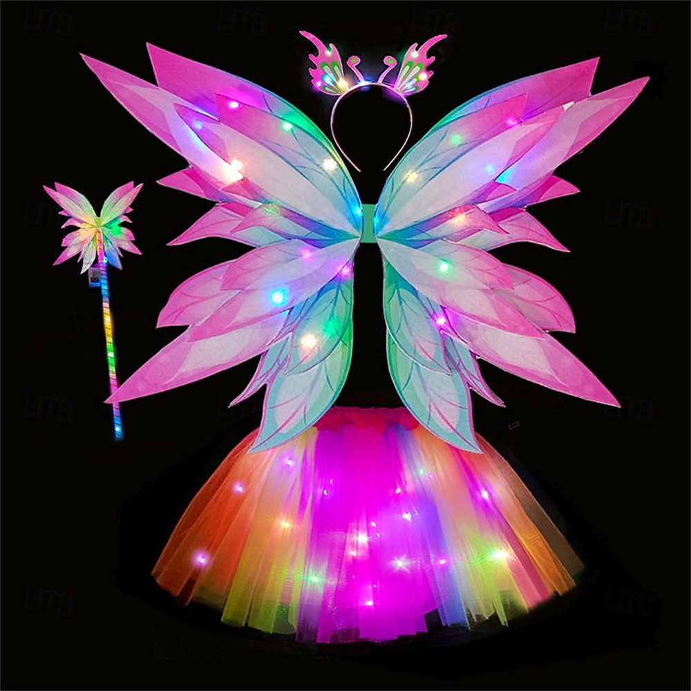 karnevalový elegantní svítící pohádkový kostým pro dívky – 4dílná sada oblékání s měkkými duhovými motýlími křídly ideální pro hru na princeznu karnevalové zdobení 2026 - $20.49 –P8