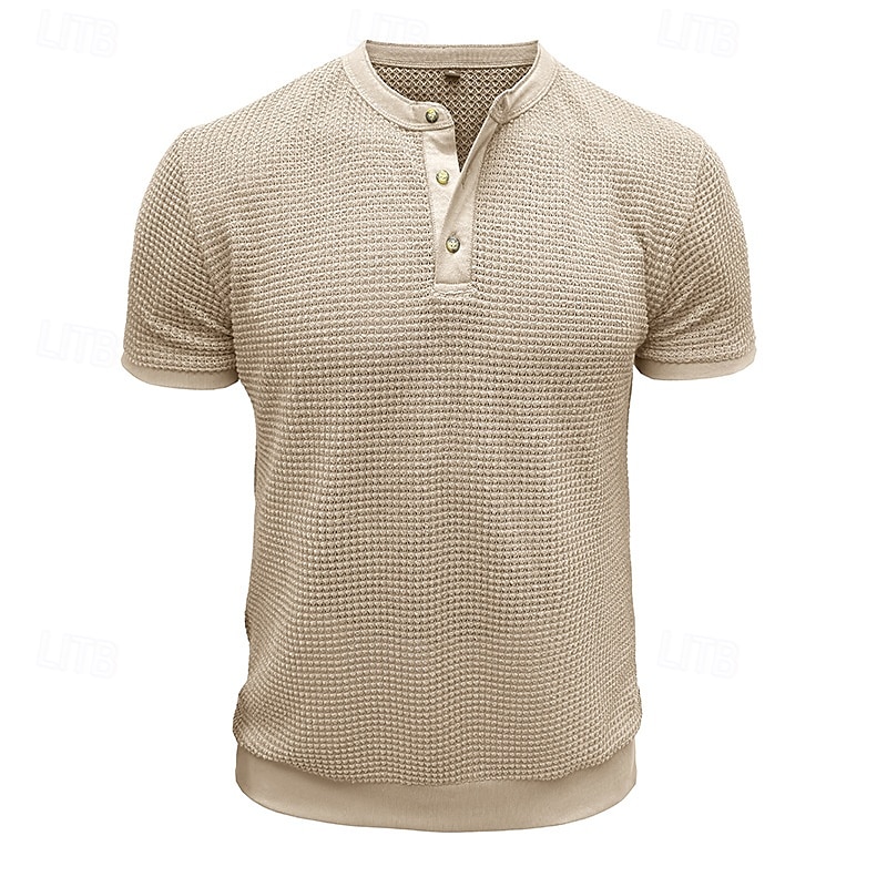 Herre Vaffel Henley-skjorte Henly-skjorte Strikk T-skjorte Kortermet Helfarge عادي Strikketøy Fritid hverdag Knapper Strikket Henley utendørs Avslappet Daglig Sommer Vår & Vinter Svart Hvit Grå 2025 - $20.99 –P5