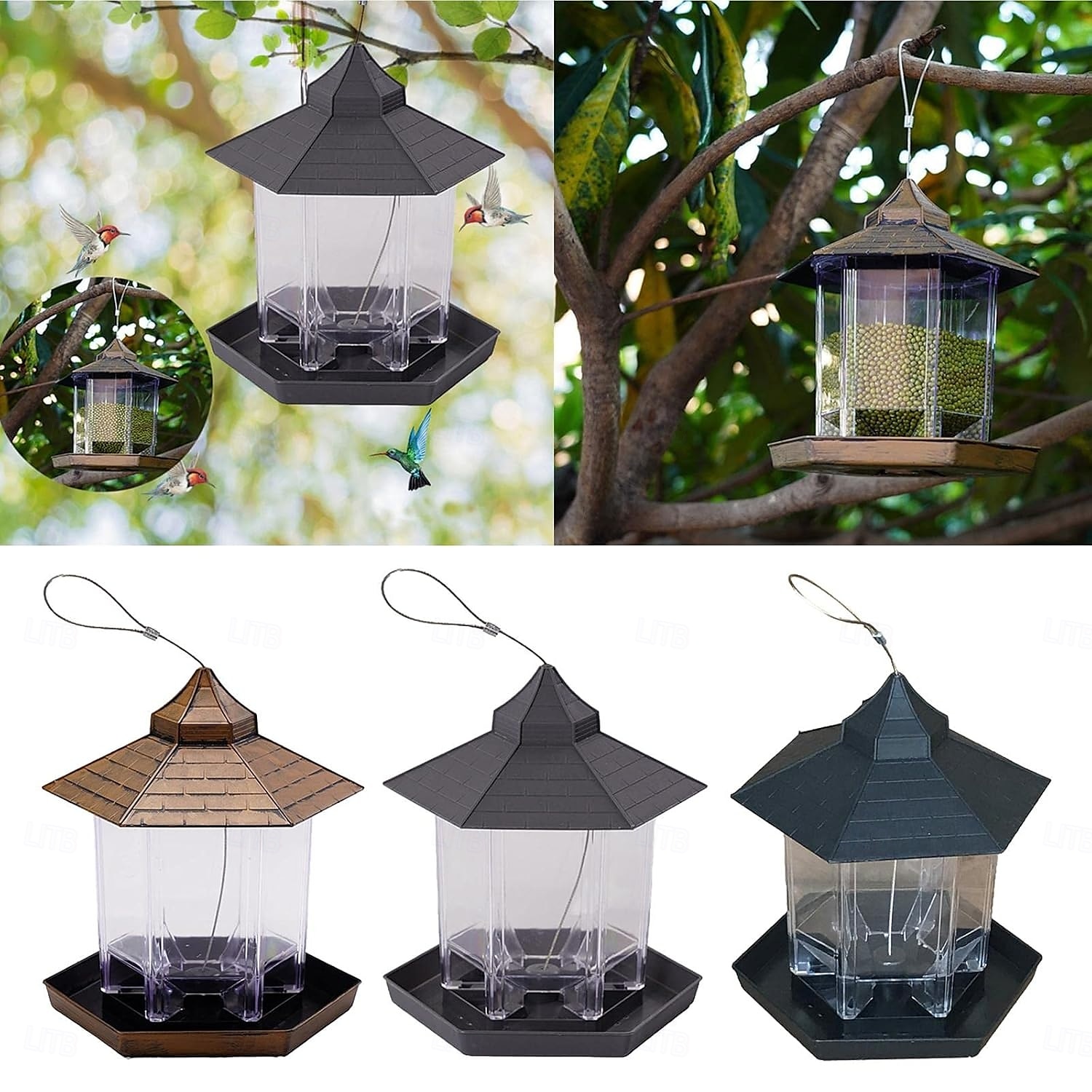 voederbak voor wilde vogels, hangend, waterdicht prieel, voederbak voor vogels met dak, grijs 2025 - $12.49 –P4