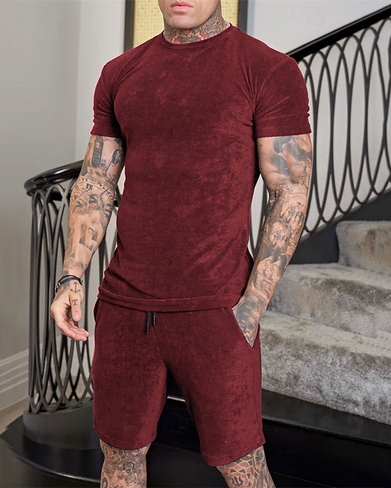 Homens Conjunto de treino Moletom Camiseta e shorts Conjunto Conjunto de roupas Gola Redonda Ao ar livre Diário Esportes Bolsos Com Cordão 2 Peças Côr Sólida Vermelho Vinho Azul Royal Verde Poliéster de 2025 por $41.99 –P2