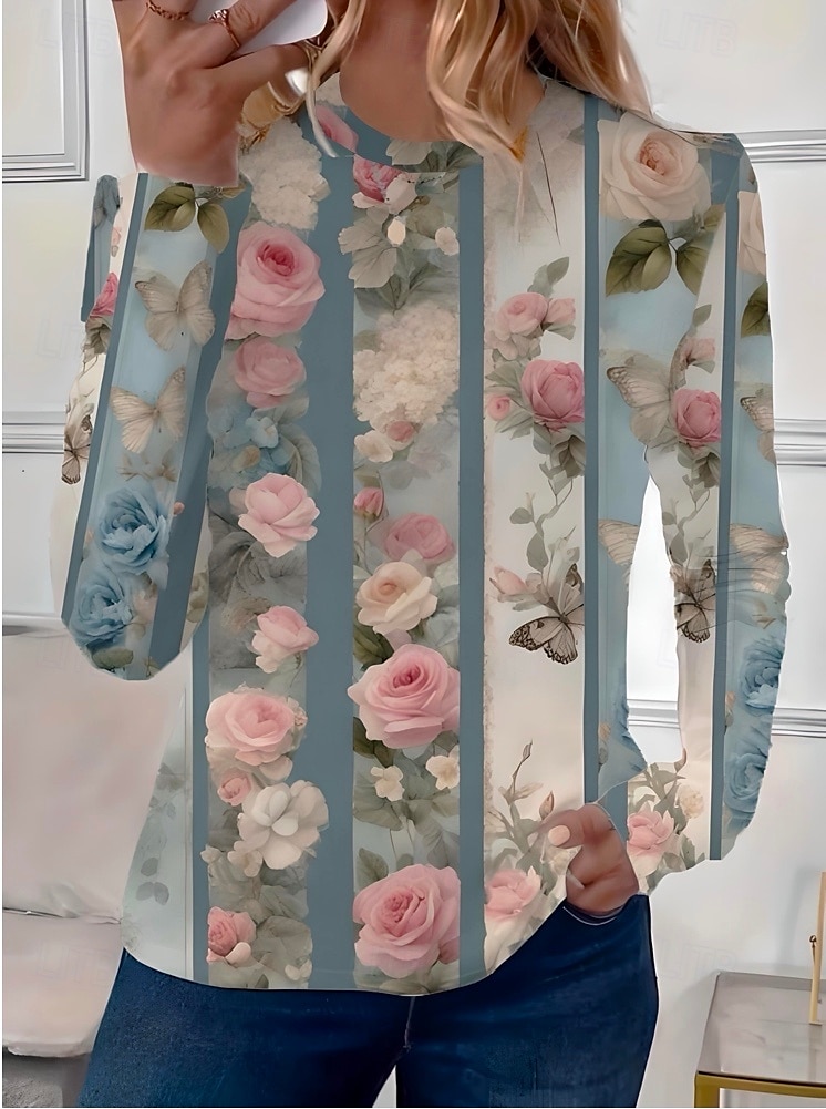 Dame T skjorte Blomstret Elegant Årgang Mote Langermet Crew-hals Vanlige topper Daglig Ut på byen Helg Trykt mønster Grønn Sommer Vår 2025 - $22.99 –P1