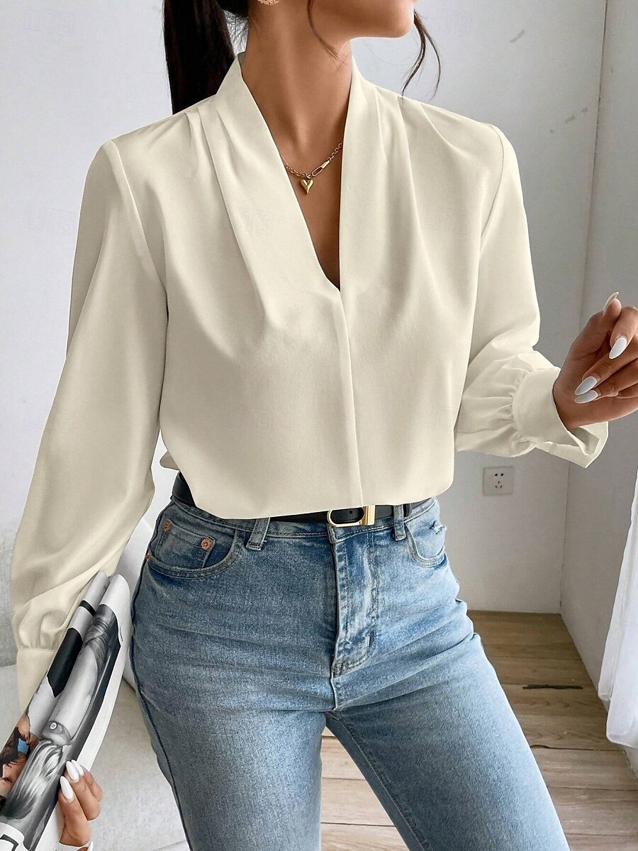 Dame Skjorte Bluse Helfarge Stilfull Fritid Langermet V-hals Vanlige topper Daglig Knapper Lomme Svart Hvit Gul Blå Grønn Sommer Vår 2025 - $31.99 –P35