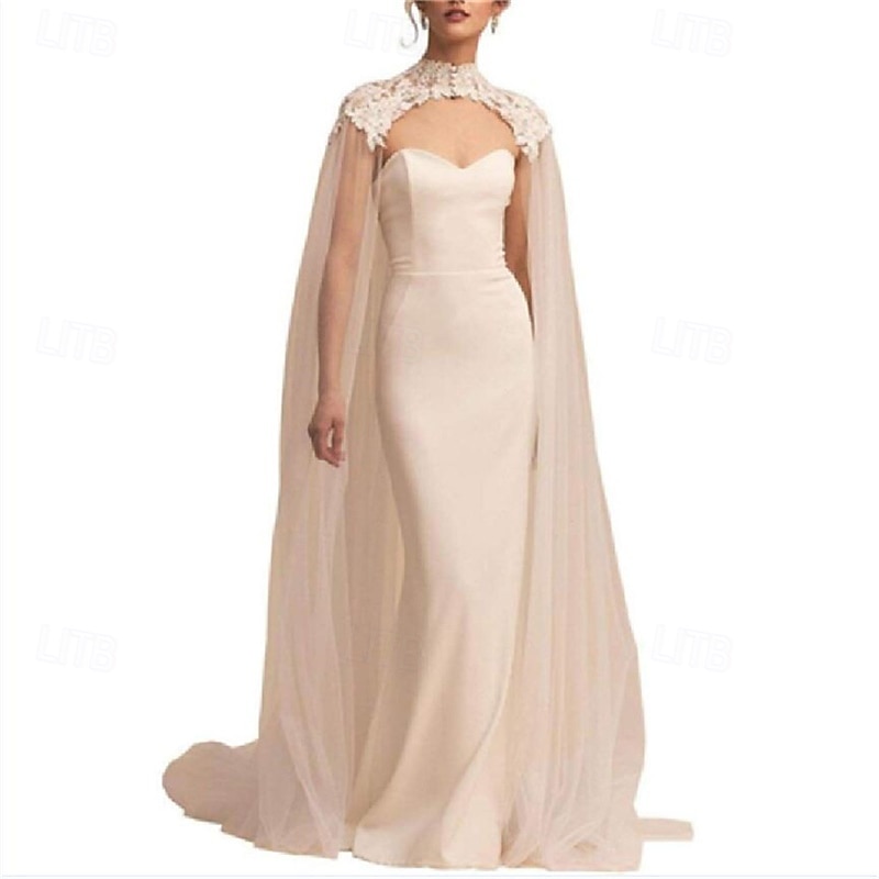 Lace Applique Off-Shoulder Stand-Up Collar Netting Shawl Transparent Cape Button Decoration Small Train Bridal Stage Costume 2025 - $49.99 –P5
