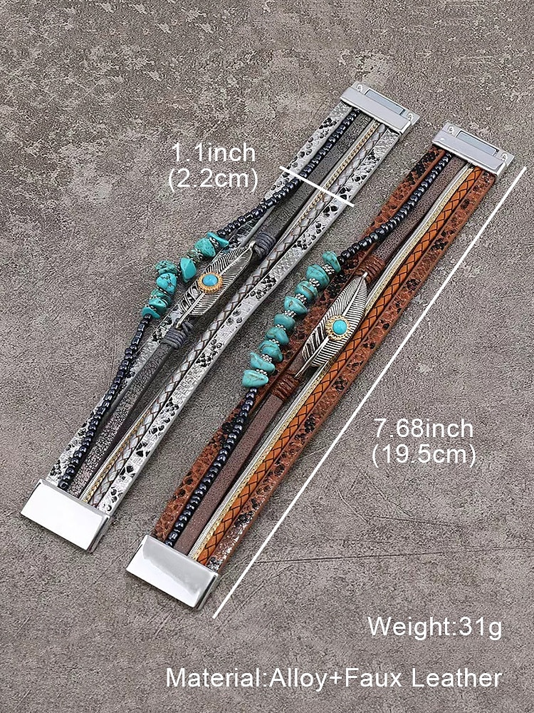 Магнитный браслет из кожи и бирюзы в стиле бохо — регулируемый многослойный дизайн с перьями и драгоценными камнями, идеально подходит для повседневного, летнего и праздничного стилей. 2026 - $11.99 –P7