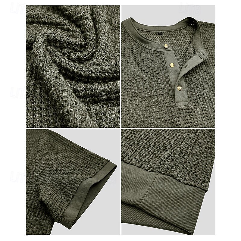 Herre Vaffel Henley-skjorte Henly-skjorte Strikk T-skjorte Kortermet Helfarge عادي Strikketøy Fritid hverdag Knapper Strikket Henley utendørs Avslappet Daglig Sommer Vår & Vinter Svart Hvit Grå 2025 - $20.99 –P4