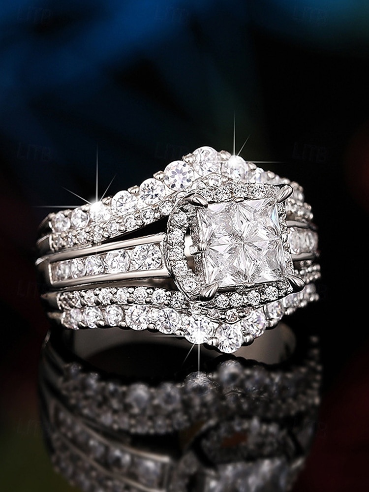 Juego de anillos de boda de lujo con circonita cúbica, bañados en plata, elegante joyería nupcial para mujer 2025 - $11.99 –P5