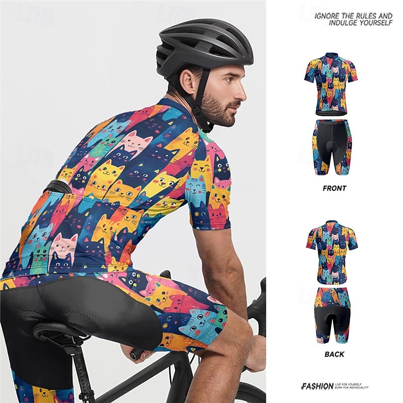 Men's Cycling Jersey with Shorts Short Sleeve Mountain Bike MTB Road Bike Cycling Summer Spring Autumn / Fall Navy Blue Royal Blue Blue Cat Bike Front Zipper Sweat wicking Comfortable Breathable 2026 - $47.99 –P15