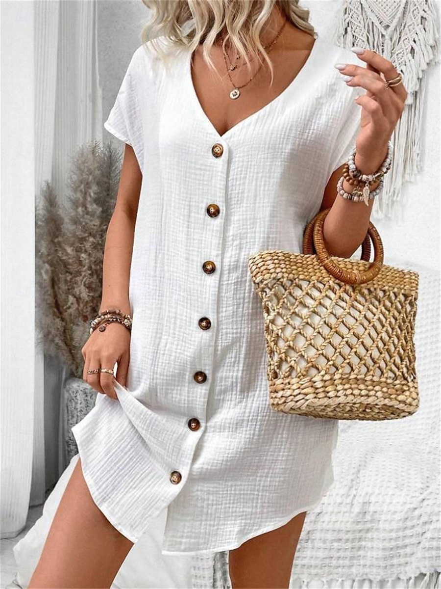 Women's Mini Dress Faux Cotton Linen Shift Dress Casual Dress Tank Dress Basic Casual Batwing Sleeve Casual Daily Vacation Loose Fit Plain Short Sleeve V Neck Black White Pink Green Summer Spring 2026 - $22.99 –P1