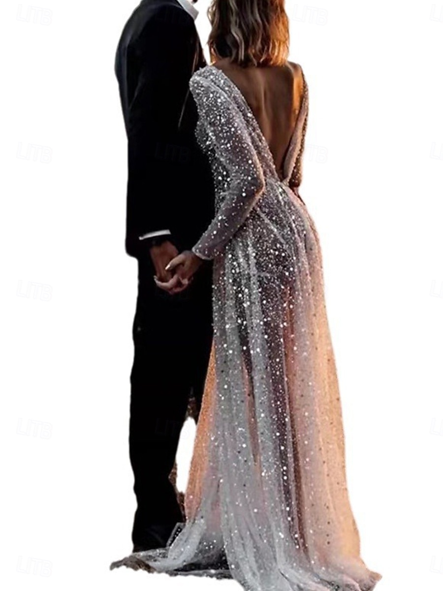 Hochzeitskleider Ballkleid V-Ausschnitt Langarm Kapelle Zug Satin Brautkleider mit Falten gerafft 2025 - $229.99 –P5