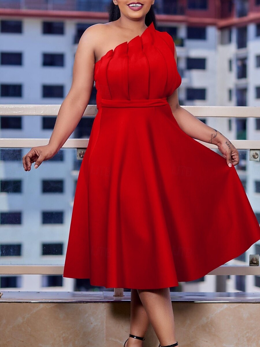 Kentucky Derby Damen Midi Kleid A-Linie Kleid Fit And Flare Kleid Elegant Formal Party Hochzeitsgast Verlobung Reguläre Passform Grafisch Ärmellos Eine Schulter Weiß Pink Rot Fuchsia 2025 - $44.99 –P10
