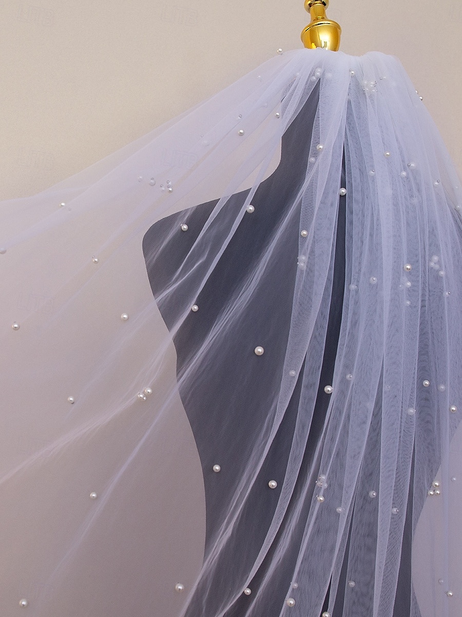 Voile de mariage contemporain  stylé à un niveau voiles jusqu'au coude avec tulle à perles synthétiques de 2025 ? $21.99 –P4
