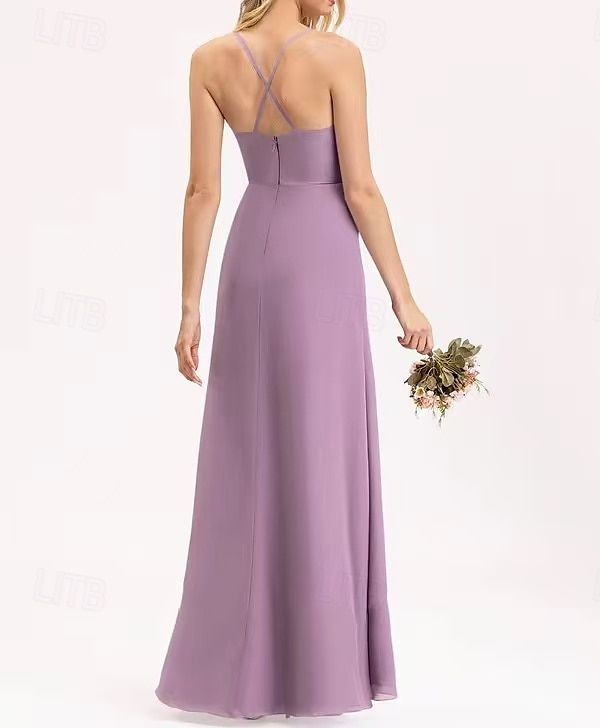 Vestido de Dama de Honra A-Line V Decote  Alças de Espaguete Sem Mangas Elegante Comprimento Longo Chiffon  Spandex  Shantung com Draping  Ruching  Bandagem de 2025 por $162.99 –P3