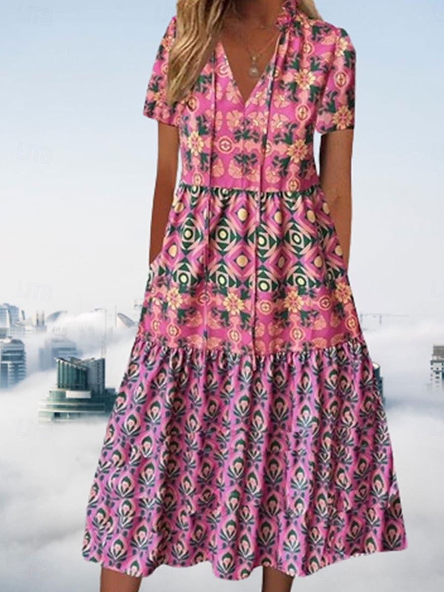 Dam Midiklänning Vardagsklänning Boho-klänning Stylish Ledigt Semester Ledigt Dagligen Lös passning Blommig Kortärmad V-hals Rodnande Rosa Sommar Vår 2025 - $35.99 –P3