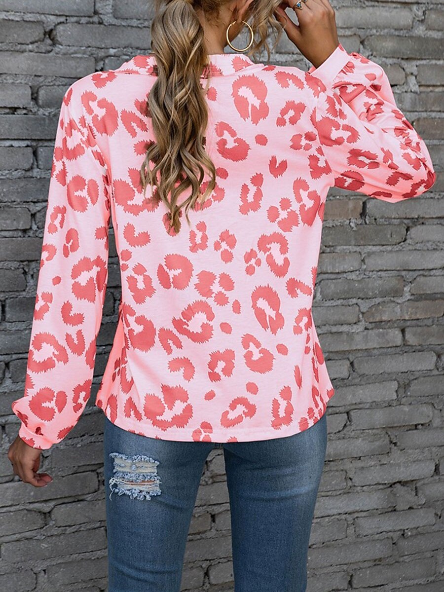 Dame T skjorte Leopard Mote Moderne Fritid Langermet V-hals Vanlige topper Daglig Helg Hvit Rosa Blå Brun Vår Høst 2025 - $21.99 –P11