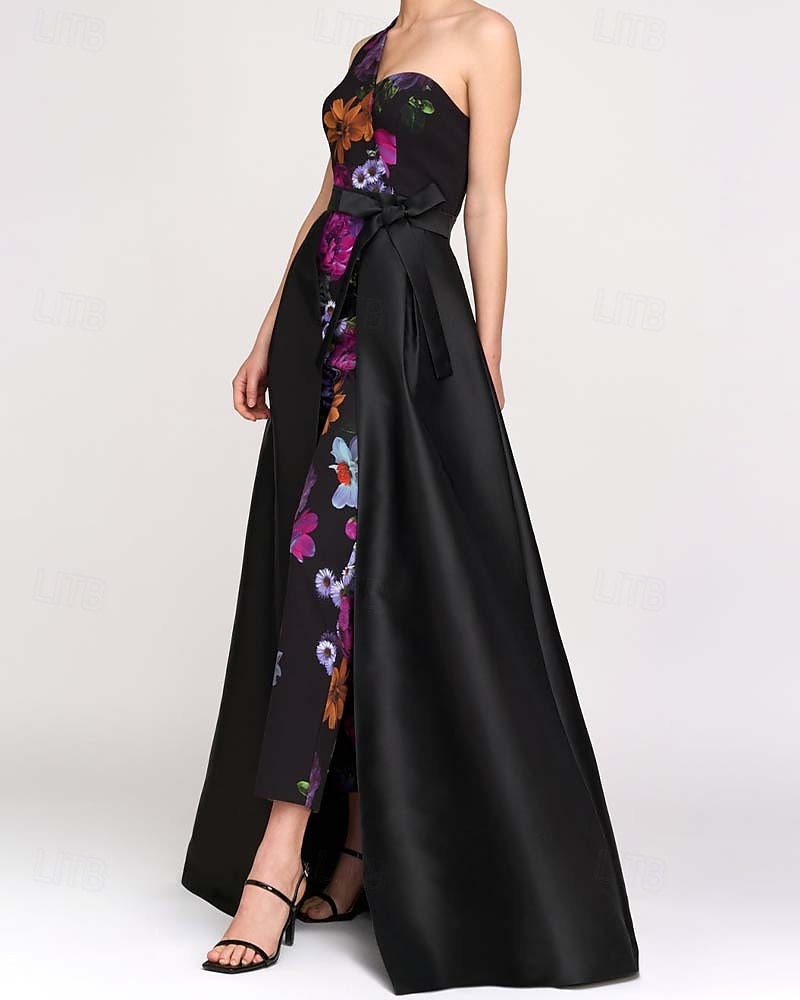 Macacão  Conjunto de Calças Mãe da Noiva Estampa Floral Elegante Simples Minimalista Um Ombro Comprimento do Chão Cetim Sem Mangas com Cinto  Fita Vestido Convidada de Casamento 2025 de 2025 por $191.99 –P3