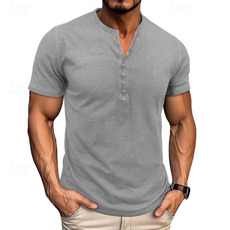 Pánské Tričko s knoflíkem Tričko Henley Trička Tričko Top Krátký rukáv Henley Léto Klasický Plná / Jednobarevná Módní Designové S přezkou Dovolená ulice Jdeme ven Modrá Fialová Tmavě šedá Top tričko 2025 - $26.99 –P6