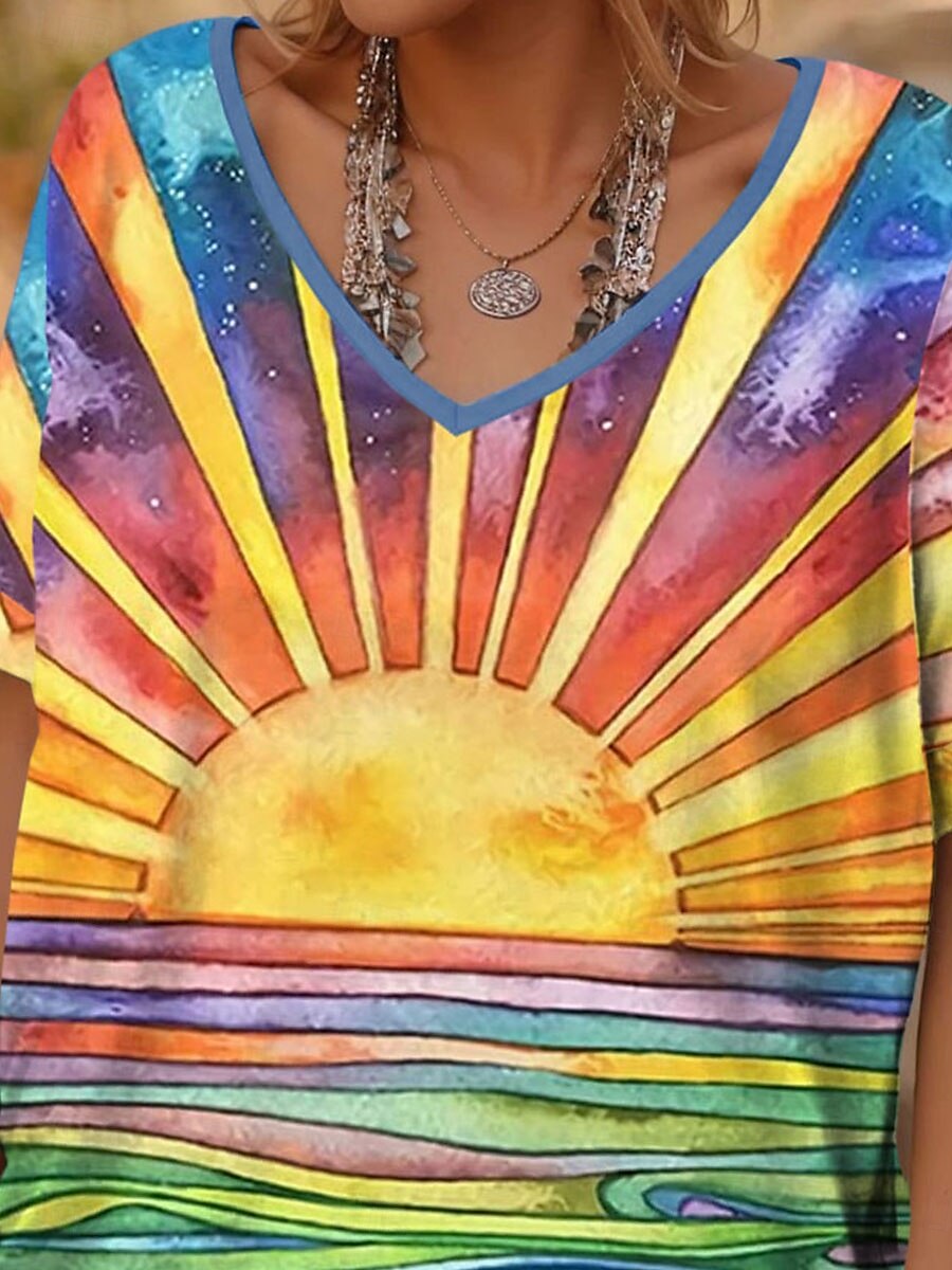 Femme T shirt A Ombre Décontractées Manche Courte Col V Hauts réguliers du quotidien Imprimer Jaune Eté de 2025 ? $19.99 –P2