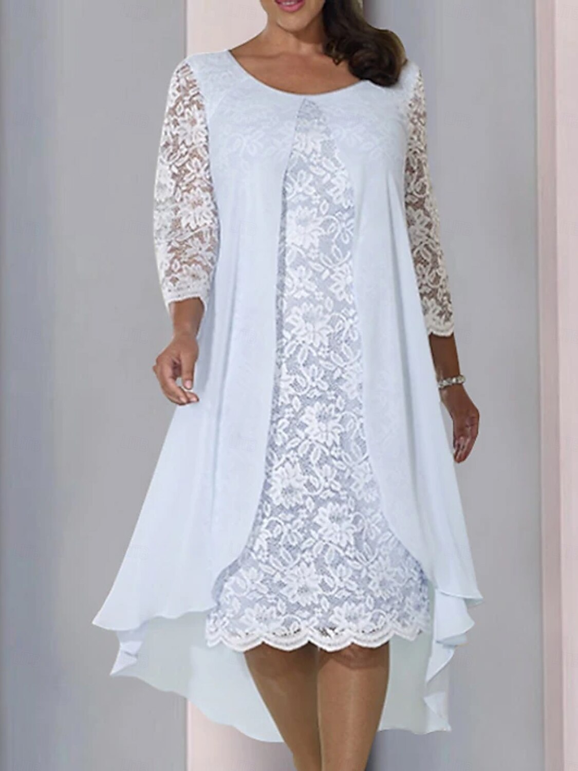 A-Line Mother of the Bride Dress Wedding Guest Elegant Scoop Neck Knee Length Chiffon Lace 3/4 Length Sleeve with Appliques Midi Dress 2025 2025 - $132.99 –P3