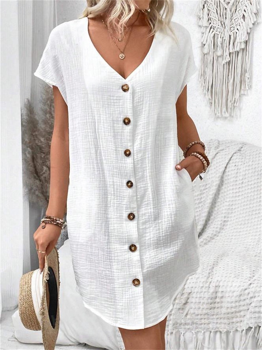 Women's Mini Dress Faux Cotton Linen Shift Dress Casual Dress Tank Dress Basic Casual Batwing Sleeve Casual Daily Vacation Loose Fit Plain Short Sleeve V Neck Black White Pink Green Summer Spring 2026 - $22.99 –P2
