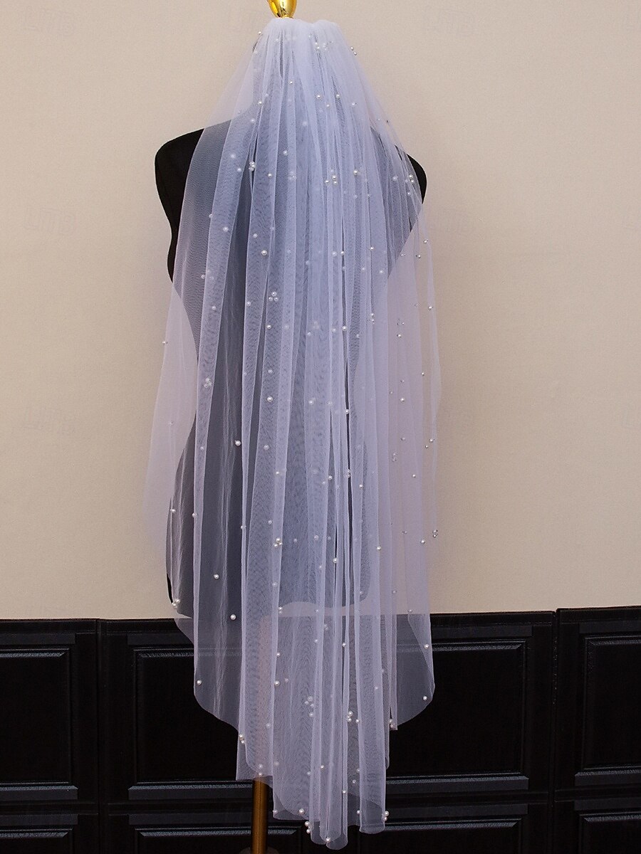 Voile de mariage contemporain  stylé à un niveau voiles jusqu'au coude avec tulle à perles synthétiques de 2025 ? $21.99 –P3