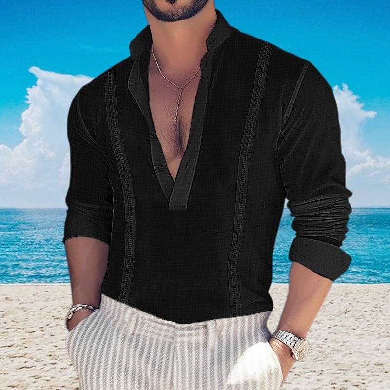 Men's Shirt Popover Shirt Summer Shirt Casual Shirt Beach Shirt Black White Pink Green khaki Long Sleeve Plain Band Collar Vacation Hawaiian Button-Down Clothing Apparel Fashion Casual Comfortable 2025 - $25.99 –P6