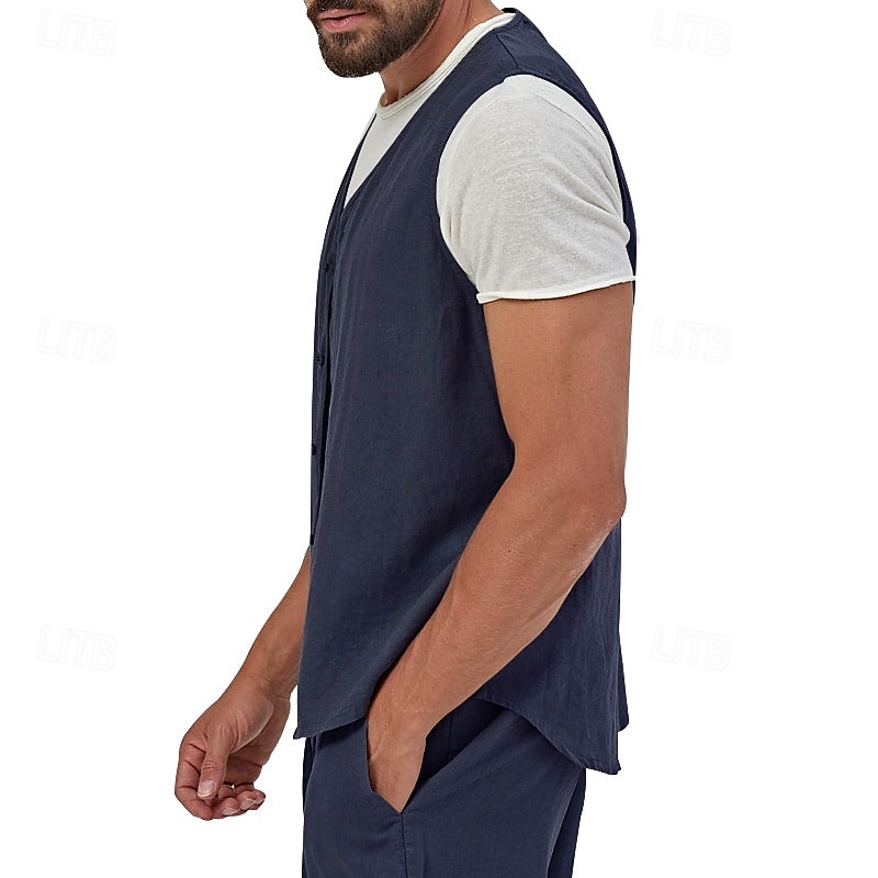 בגדי ריקוד גברים וסט Gilet אפוד פשתן חופשה יומי פגישה (דייט) אופנתי יום יומי קיץ אביב כפתורים כיס פשתן נוח אחיד חזה יחיד כפתור יחיד צווארון V רגיל שחור צהוב ירוק בהיר כחול נייבי אֵפוֹד 2025 - $23.99 –P5