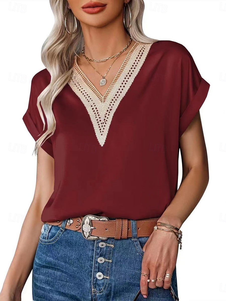 Débardeur en camisole pour femmes couleur unie élégant décontracté à manches courtes col en V tops réguliers impression quotidienne dentelle patchwork noir blanc rose vin vert été de 2025 ? $17.99 –P7