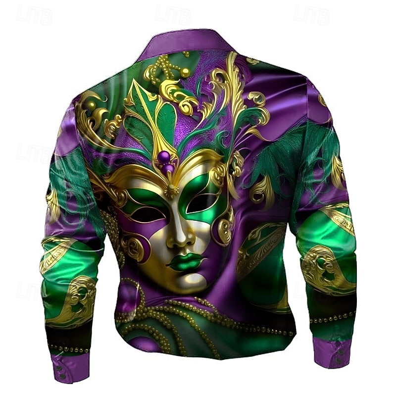 Mardi gras Miesten Naamio Karnevaali Satiini paita Pukupaita Button Up paita Pitkähihainen Muoti rento Pyhäpäivä Kesä Kevät Sänkyjen avaus Kauluspaidat 3D-tulostus Vaalea purppura Purppura Tumma 2026 - $29.99 –P2