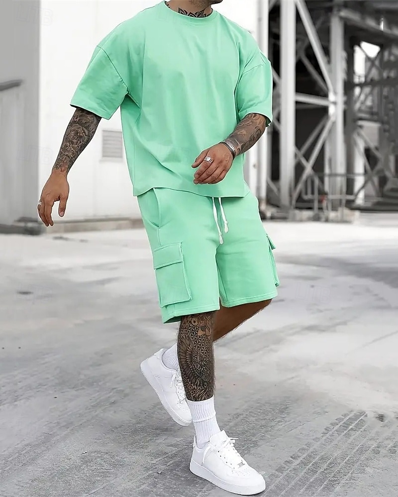 Men's Workout Set Tracksuit T shirt & Shorts Set Outfit Set Crew Neck Outdoor Daily Sports Pocket Drawstring 2 Piece Plain Black Red Green Polyester Activewear Classic Casual Summer 2026 - $36.99 –P9