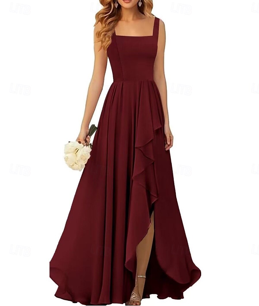 Linha A Vestido de Madrinha Correias / Decote Quadrado Sem Manga Elegante Longo Chiffon / Elastano com Pregas / Fru-Fru / Pregueado 2022 de 2025 por $162.99 –P9