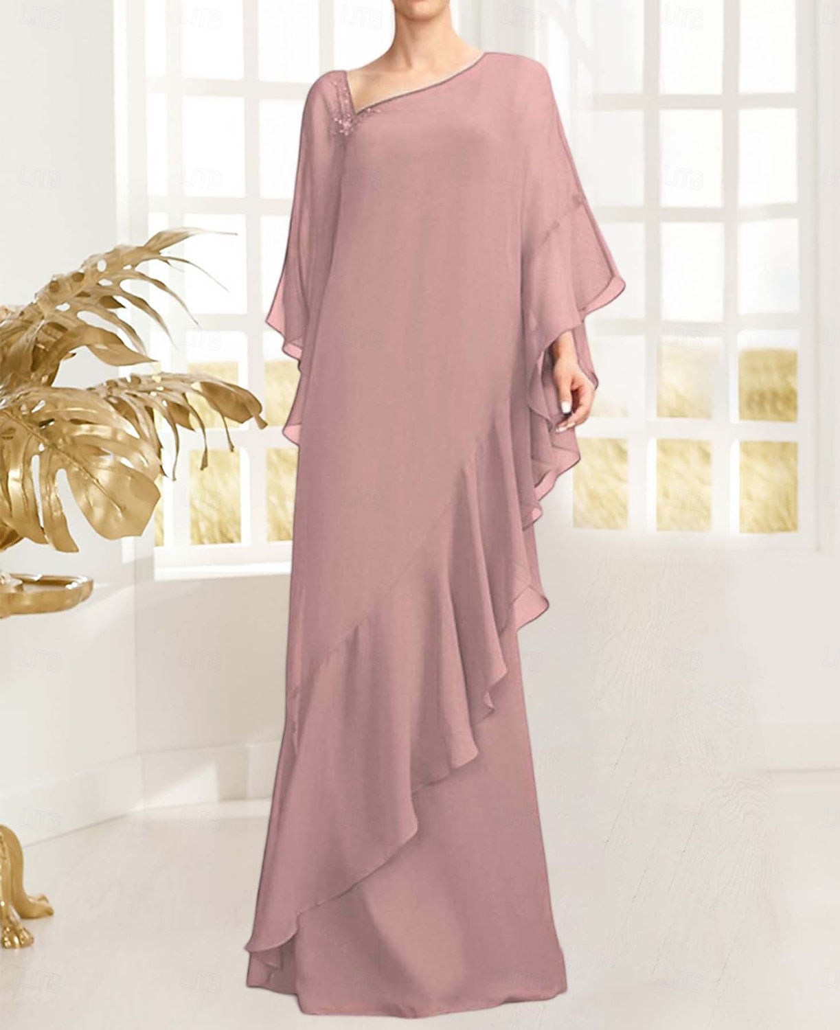 Sheath / Column Mother of the Bride Dress Elegant Vintage Simple Asymmetrical Neck Floor Length Chiffon Long Sleeve with Beading Ruffles Cascading Ruffles 2025 - $174.99 –P5