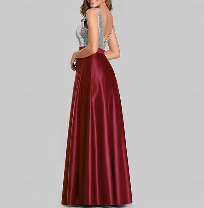 A-Line Evening Gown Party Dress Evening Party Black Tie Gala Floor Length Sleeveless V Neck Belt / Sash Cotton Backless V Back with Glitter Sequin 2025 2025 - $196.99 –P2