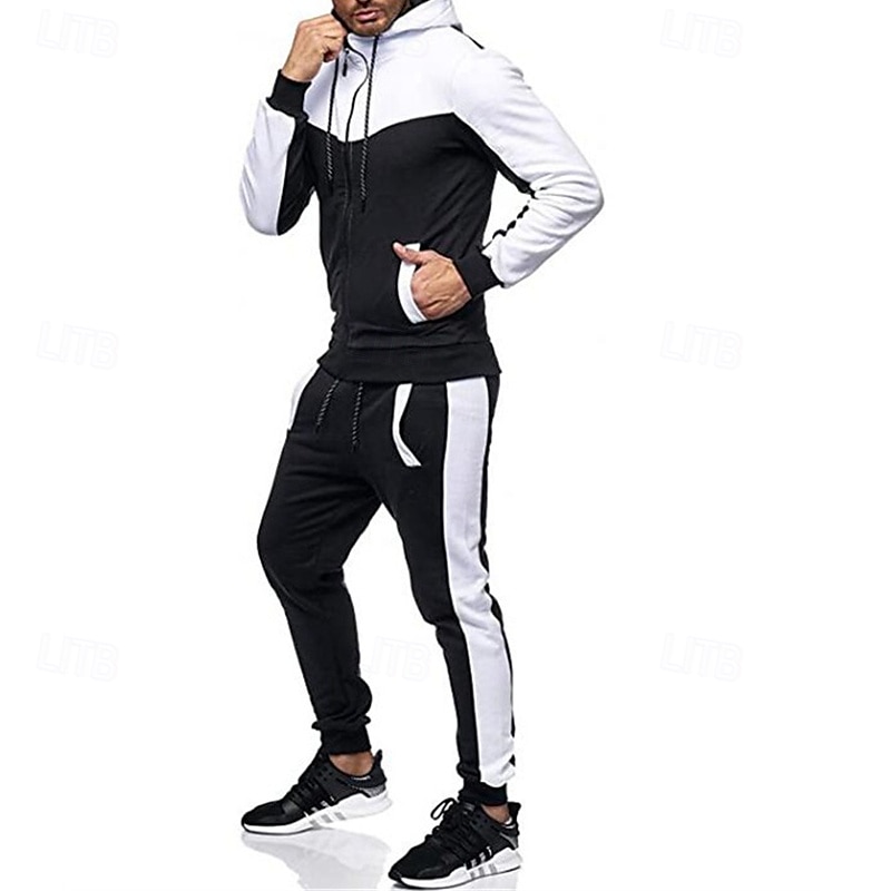 Homens Conjunto de treino Moletom Full Zip Hoodie Moletom com capuz e calças Conjunto de roupas Capuz Com Capuz Ao ar livre Diário Esportes Bolsos Com Cordão 2 Peças Bloco de cor Preto Branco Vermelho de 2025 por $27.99 –P13