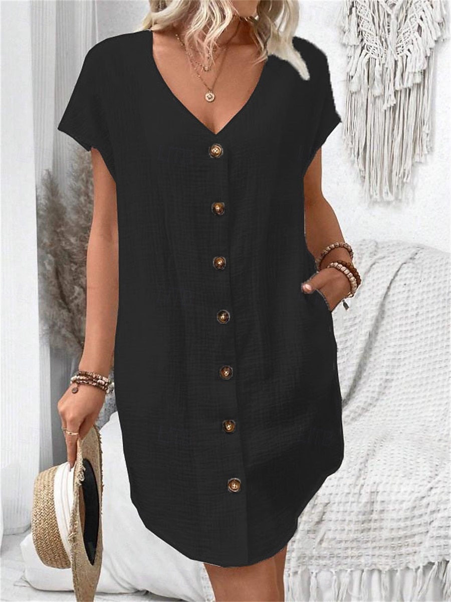 Women's Mini Dress Faux Cotton Linen Shift Dress Casual Dress Tank Dress Basic Casual Batwing Sleeve Casual Daily Vacation Loose Fit Plain Short Sleeve V Neck Black White Pink Green Summer Spring 2026 - $22.99 –P7