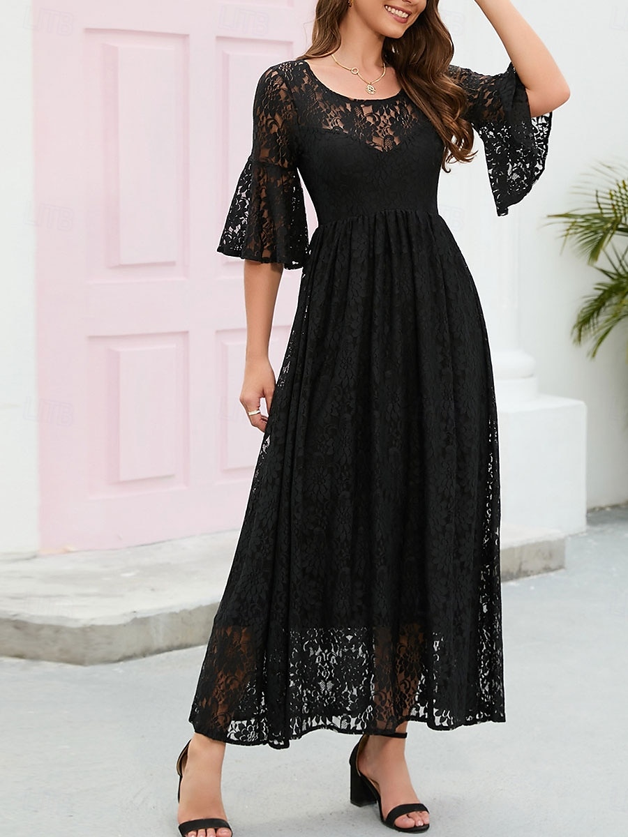 Damskie Sukienka midi Koronkowa sukienka Sukienka maxi Sukienka A line Elegancja Elegancki Codzienny Rozkloszowany rękaw Urlop Impreza Codzienny Regularny Równina Krótki rękaw Półgolf Czarny Wino 2025 - $46.99 –P14